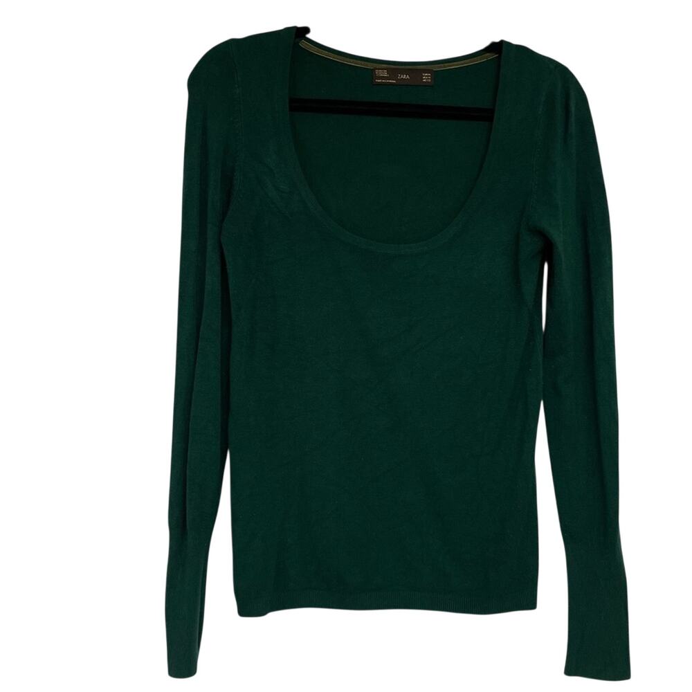Zara Forest Green Scoop Neck Long Sleeve Sweater Womens M Lightweight Winter